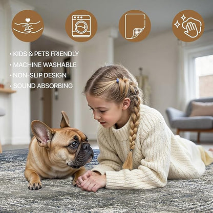 BEIMO Area Rugs 9x12 for Living Room Bedroom, Modern Abstract Machine Washable Rug, Large Soft Low Pile Floor Carpet with Non Slip Backing for Dining Room, Blue&Gray