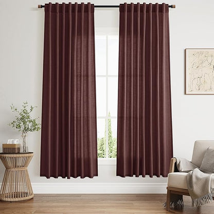 Reddish Brown Linen Curtains 72 Inch Long for Living Room Bedroom Lightweight Door Drapes 2 Panels Set, Semi Sheer Light Filtering Back Tab or Rod Pocket Curtain,52x72
