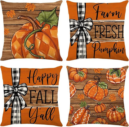 Fall Decorations for Home,Fall Pillow Covers 18 x 18 Inch Autumn Thankful Grateful Blessed Pumpkin Linen Pillow Decorations for Sofa Couch Set of 4