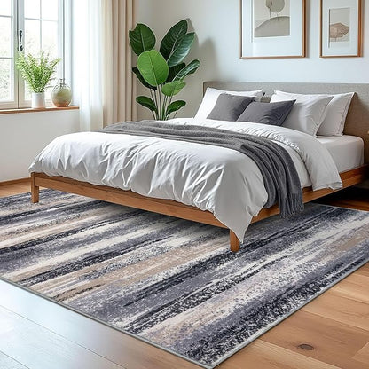 Lansny Modern Abstract 5x7 Machine Washable Area Rug Non-Slip Soft Bedroom Living Romm Rug Grey Black Multi Ultra Thin Print Faux Wool Floor Carpet Throw Rugs for Nursery Playroom Dining Room Indoor
