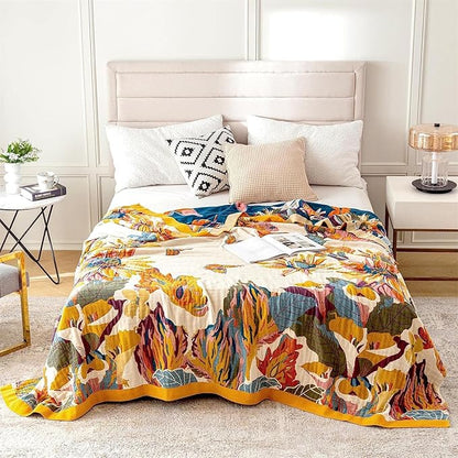 MSGKV 100% Cotton Throw Blanket for Bed Couch Fall 90''x 98'' Super Soft Muslin Blankets Warm Boho Quilt Lightweight Farmhouse Decorative Bed Blankets