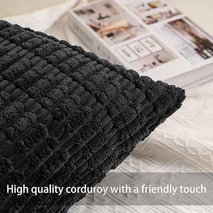 Pack of 2 Corduroy Decorative Throw Pillow Covers 12x24 Inch Soft Striped Pillow Covers Modern Farmhouse Home Decor for Sofa Living Room Couch Bed（Black）