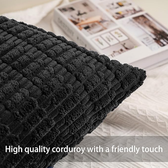 Corduroy Decorative Throw Pillow Covers 14x36 InchSoft Striped Pillow Covers Modern Farmhouse Home Decor for Sofa Living Room Couch Bed（Black）