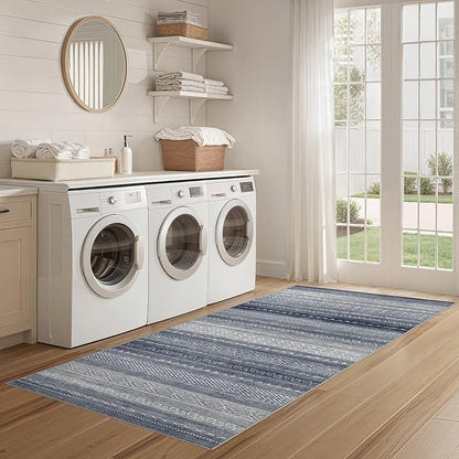 Nakagishi Area Rug Living Room Rugs: 3X8 Machine Washable Boho Large Neutral Farmhouse Stain Resistant Moroccan Indoor Floor Carpet for Bedroom Nursery Dorm Dining Room Home-Denim Blue