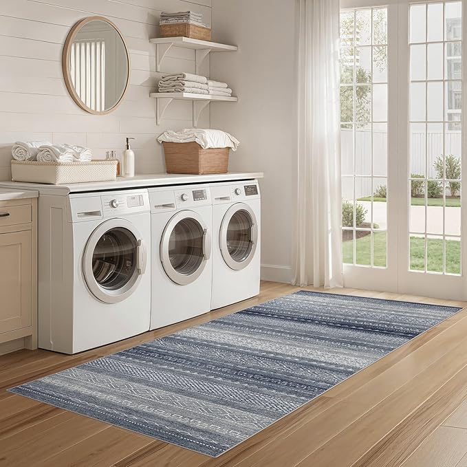 Nakagishi Area Rug Living Room Rugs: 2X6 Machine Washable Boho Large Neutral Farmhouse Stain Resistant Moroccan Indoor Floor Carpet for Bedroom Nursery Dorm Dining Room Home-Denim Blue