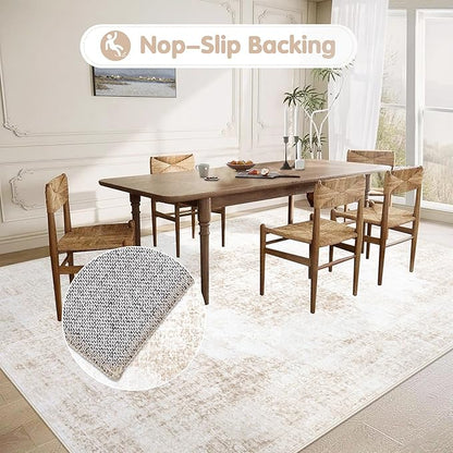Area Rug 5x7 Vintage Rug: Washable Living Room Rugs Retro Medallion Distressed Large Rugs Soft Low Pile Non-Slip Indoor Floor Carpet for Bedroom Kitchen Nursery Dining Table Office (Beige, 5'x7')