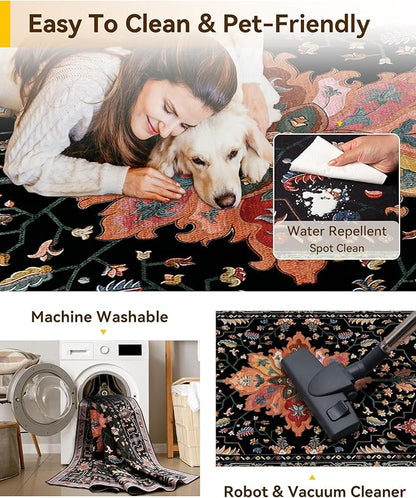 Area Rugs 7'x9' Washable Non-Slip, Floral Vintage Distress Print Pattern Medallion Carpet for Living Room Bedroom Dining Room, Black Colorful Floral Dark Tan