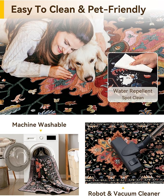 Area Rugs 10'x14' Washable Non-Slip, Floral Vintage Distress Print Pattern Medallion Carpet for Living Room Bedroom Dining Room, Black Colorful Floral Dark Tan