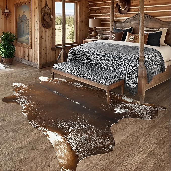 AROGAN Western Decor Faux Fur Cowhide Rug, 4.6×5.2 Feet Premium Animal Skin Cow Hide Rug, Sturdy Cow Print Rugs for Wall Decor, Western Floor Carpet for Bedroom Living Room, Spotted Brown