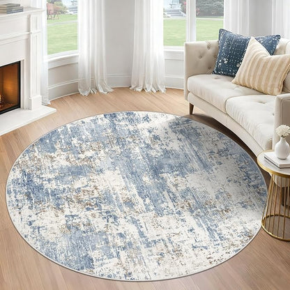XLUEZ Round Rug 4ft for Bedroom, Washable Modern Abstract Circle Rug Neutral Soft Non Slip Kids Rug Stain Resistant Indoor Carpet for Living Room Nursery Playroom Dorm Girls Boys Room(Blue, 4' Round)