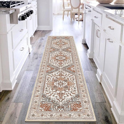 Yamaziot Washable Runner Rug, 2x8 Non-Slip Boho Vintage Hallway Rug Runner with Rubber Backing, Low Pile Faux Wool Distressed Carpet Runner for Bedroom, Kitchen, Laundry, Entrance, Ginger Grey