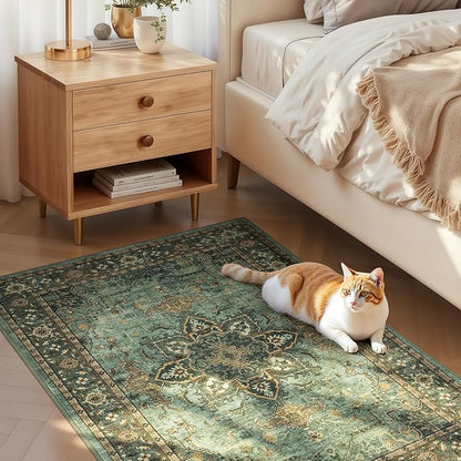Lofus 3x5 Area Rugs for Living Room, Washable Area Rug, Rugs for Bedroom, Kitchen, Vintage Boho Carpet, Soft Non-Slip, Low Pile Large Area Rug for Office Dining Room, Green