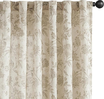 jinchan Linen Floral Curtains for Living Room with Printed Flower 84 Inches Long Light Filtering French Country Back Tab Rod Pocket Taupe Window Curtain Set Farmhouse Drapes 2 Panels Taupe