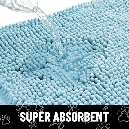 Smiry Dog Door Mat for Muddy Paws, Absorbent Dirt Trapper Non Slip Quick Dry Washable Chenille Mat for Mud Dogs, Entry Rug for Indoor and Outdoor (36x24 Inches, Sky Blue and White)