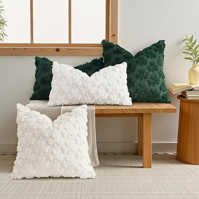 decorUhome St. Patrick’s Day Shamrock Pillow Covers 18x18 Inch Set of 2, Soft Plush Faux Wool Cream White Throw Pillow Covers, Farmhouse Spring Holiday Decor for Sofa Living Room