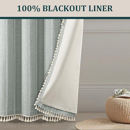 Teal Boho Blackout Curtains 96 Inches Long Light Green Linen Blend 2 Panels with Tassels and Cotton Embroidery, Farmhouse Vintage Rustic Rod Pocket Drapes for Living Room or Bedroom