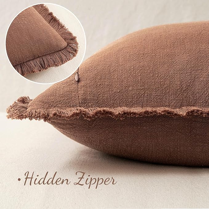 MIULEE Decorative Throw Pillow Covers Neutral Linen Fringe Throw Pillows Set of 2 Brick Boho Farmhouse Cushion Covers with Tassels for Couch Sofa Bed Living Room Spring Home Decor 18x18 Inch