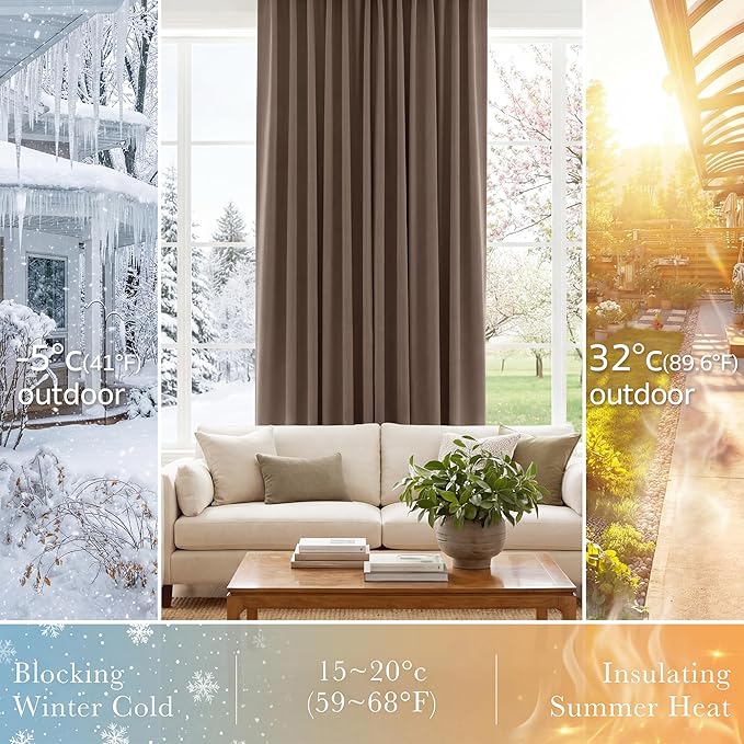 PONY DANCE Decorative Window Drapes - Blackout Thermal Insulated Curtain Draperies Home Decoration Back Tab/Rod Pocket Blackout Curtain Panels for Bedroom, 42-inch by 63-inch, Mocha, Set of 2