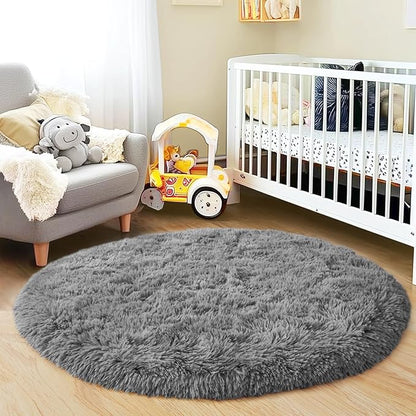 4'x4' Grey Round Rug for Bedroom, Ultra Soft Fluffy Circle Rug for Kids Girls Boys Room, Cute Shag Rugs for Living Room Playroom Teen Room Home Decor Rug