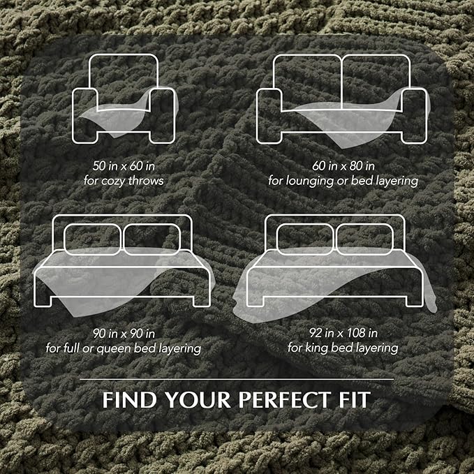 EVERGRACEHOME Chunky Chenille Knit Throw Blanket for Couch, Soft Luxurious Oversized Queen Moss Stitch Blanket for Bed, Cozy Farmhouse Knitted Throw for Sofa, Olive Green, 90" x 90"