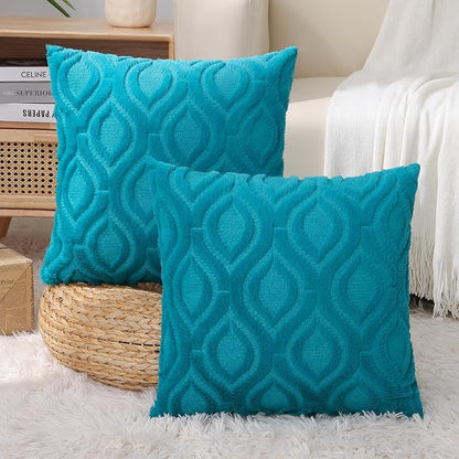 decorUhome Summer Throw Pillow Covers 12x20 Inch Set of 2, Soft Plush Faux Wool Teal Solid Couch Pillow Covers, Accent Farmhouse Neutral Rectangle Pillow Cases for Sofa Bed Living Room
