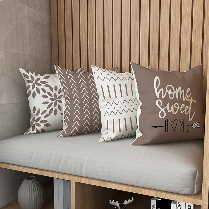 YCOLL Pillow Covers 16x16 Set of 4, Modern Sofa Throw Pillow Cover, Decorative Outdoor Linen Fabric Pillow Case for Couch Bed Car, Khaki