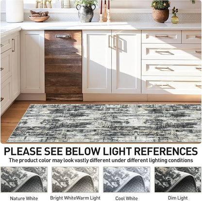2'6''x8' Runner Rugs Washable Rug: Modern Abstract Hallway Runner Rug Indoor Soft Low Pile Thin Carpet Anti-Skid Non-Shedding Carpets for Kitchen, Entryway, Laundry, Bedroom - Black Grey Gold
