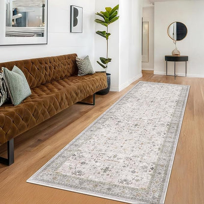 Hazo Haus Light Gray Kitchen Rug 12 ft Long - Modern Boho Eclectic Floral Geometric Decor, Washable Low Pile Non-Slip Extra Long Wide Runner Rugs for Hallway, 3x12
