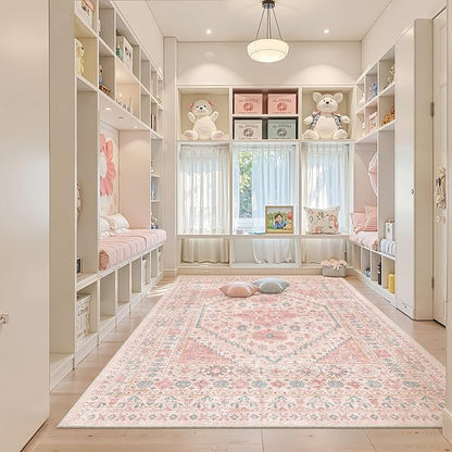 zesthome 6x9 Washable Rugs for Baby Girl, Super Soft Pink Rugs for Nursery Room, Non-Slip Stain Resistant Bedroom Rug, Ultra-Thin Large Area Rug (Pink/Blue,6'x9')
