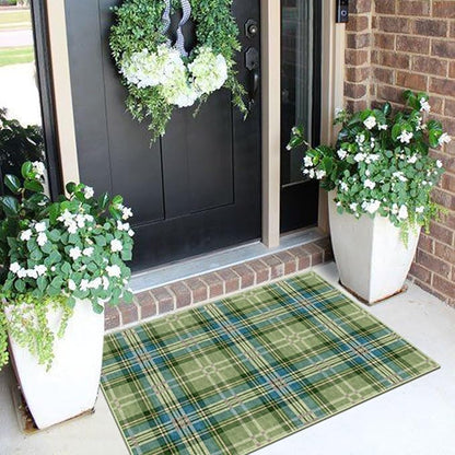 Front Door Mat Outside Entrance - 2x3 Buffalo Non-Slip Washable Doormat Indoor Outdoor Entrance Green Teal Plaid Tartan Rug Small Throw Rugs for Entryway Bedroom Kitchen Front Porch Decor