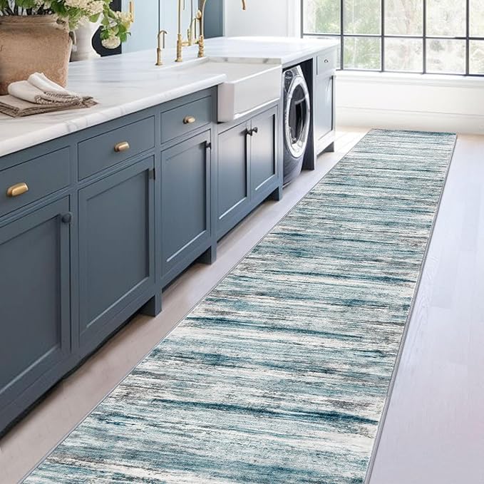 KOZYFLY Modern Abstract Hallway Runner Rug, 2.6x16 Washable Rug Runner Non-Slip Soft Striped Kitchen Runner Rugs, Print Blue Carpet Runner for Stair Entryway Bathroom Laundry Room Foyer