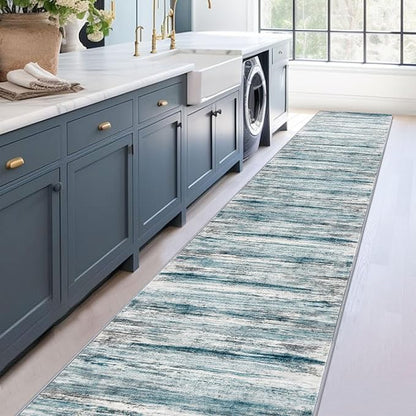 KOZYFLY Modern Abstract Hallway Runner Rug, 2.6x16 Washable Rug Runner Non-Slip Soft Striped Kitchen Runner Rugs, Print Blue Carpet Runner for Stair Entryway Bathroom Laundry Room Foyer