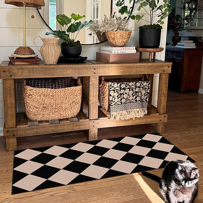 Front Door Mat Indoor Entrance - 2x4.3 Ft Black Tan Non-Slip Washable Outdoor Porch Rug Doormats Geometric Checkered Diamond Layered Rug for Front Door Kitchen Hallway Bedroom Laundry Room