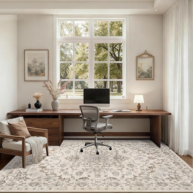 Area Rugs 10x12 Living Room Rug: Washable Rug Soft Vintage Distressed Floral Carpet Indoor Non-Slip Stain Resistant Large Carpets for Bedroom Dining Room Farmhouse Nursery Home Office Brown Beige