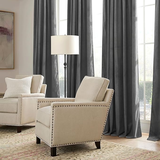 RYB HOME Velvet Blackout Curtains for Bedroom - Super Soft Room Darkening Curtains Thermal Insulated Drapes Heat Block Window Panels for Living Room, Wide 52 x Long 96, Grey, 2 Panels