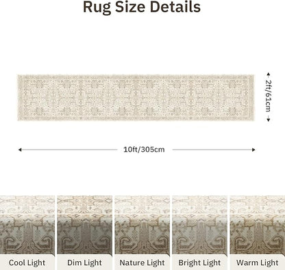 Hallway Washable Runner Rug 2x10 - Non Slip Vintage Kitchen Runner Rugs for Entryway Low-Pile Waterproof Long Runners for Living Room Bedroom Medallion Indoor Floor Mat for Bathroom Laundry Beige