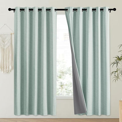 NICETOWN 100% Absolutely Blackout Linen Curtains with Thermal Insulated Liner, Seafoam Green, 62" Wide, 72" Length Energy Saving Curtains for Playroom 2 Panels Set, Vertical Blinds