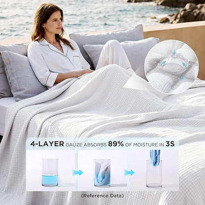 Bedsure 100% Cotton Muslin Blanket Queen Size for Bed - 4-Layer Breathable and Lightweight Thin Soft Summer Gauze Muslin Blankets for Adults, White, 90x90 Inches
