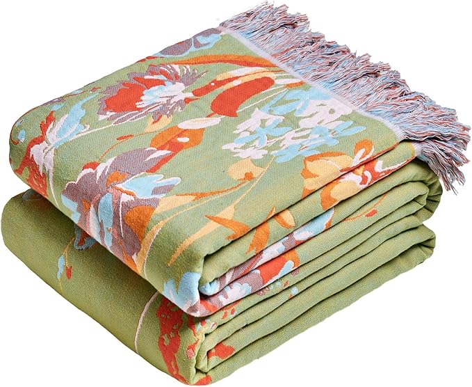 MSGKV Boho Throw Blanket 50"x60" Floral 100% Cotton Blanket with Flower and Butterfly for Couch Sofa Spring Breathable Lightweight Farmhouse Blankets Home Decor Muslin