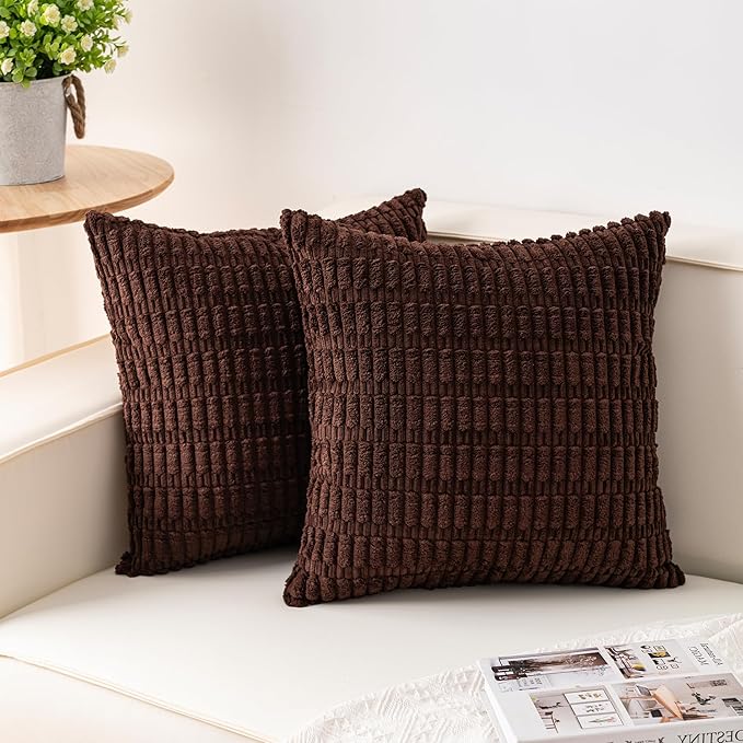 Pack of 2 Corduroy Decorative Throw Pillow Covers 22x22 Inch Soft Striped Pillow Covers Modern Farmhouse Home Decor for Sofa Living Room Couch Bed（Dark Brown）