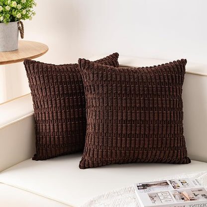 Pack of 2 Corduroy Decorative Throw Pillow Covers 22x22 Inch Soft Striped Pillow Covers Modern Farmhouse Home Decor for Sofa Living Room Couch Bed（Dark Brown）