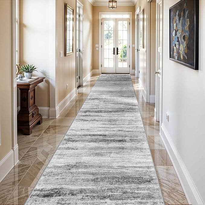 3x18 Washable Hallway Runner Rug: Extra Long Runners for Entryway Living Room Dining Room - Stain and Water Resistant Rugs with Non-Slip Backing - Soft Low-Pile Carpet 18ft Grey