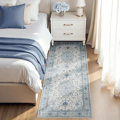 Area Rugs 2'x6' Runner Rug Non Slip Washable for Kitchen Hallway Bedroom Beside Laundry Room Bathroom Rug, Floor Carpet, Light Blue Navy Beige Gray White