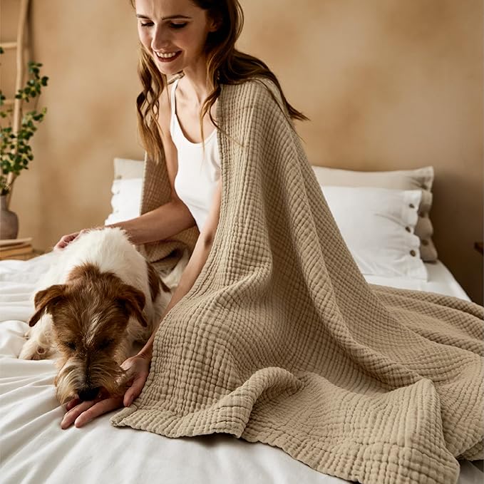 Bedsure 100% Cotton Muslin Throw Blanket Twin XL for Bed - 4-Layer Breathable and Lightweight Thin Soft Summer Gauze Muslin Blankets for Adults, Light Brown, 66x90 Inches