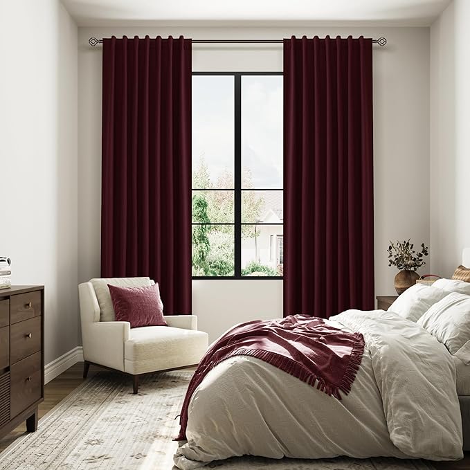 Guken 100% Blackout Curtains 120 Inch Length 2 Panels Set for Living Room Bedroom Back Tab Thermal Insulated Black Out Linen Drapes Room Darkening Window Curtains Burgundy 52x120