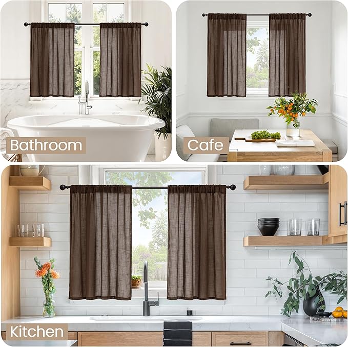 BGment Brown Linen Kitchen Curtains 40 Inch Length, Small Semi Sheer Drapes Textured for Cafe Window Over Sink Bathroom Decor Lightweight Rod Pocket, 2 Panels Set, Each 30 Inch Wide