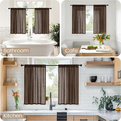 BGment Brown Linen Kitchen Curtains 40 Inch Length, Small Semi Sheer Drapes Textured for Cafe Window Over Sink Bathroom Decor Lightweight Rod Pocket, 2 Panels Set, Each 30 Inch Wide