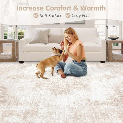 Area Rug 5x7 Vintage Rugs: Washable Living Room Rug Retro Medallion Distressed Large Rug Soft Low Pile Non-Slip Rugs Indoor Floor Carpet for Bedroom Kitchen Nursery Dining Table Office (Beige/Brown)