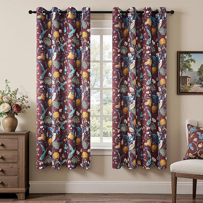 Topfinel Rust Boho Floral Curtains 72 Inches Long French Country Grommet Botanical Hummingbird Woodland Patterned Lemon Drapes for Bedroom Dining Living Room