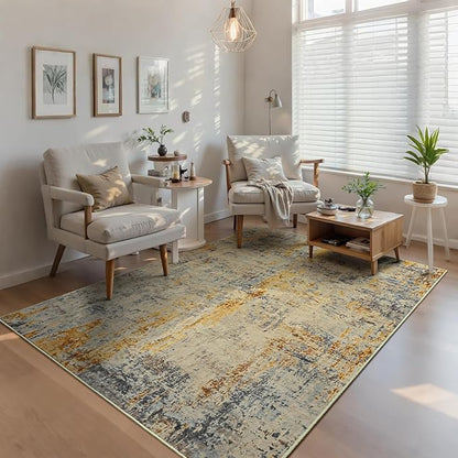 Ompaa Living Room Rug 5x7 Beige Area Rug Machine Washable Boho Rug Non Slip Abstract Vintage Indoor Large Rugs for Bedroom, Classroom, College Dorm, Farmhouse, Dining Room, Kids Playroom